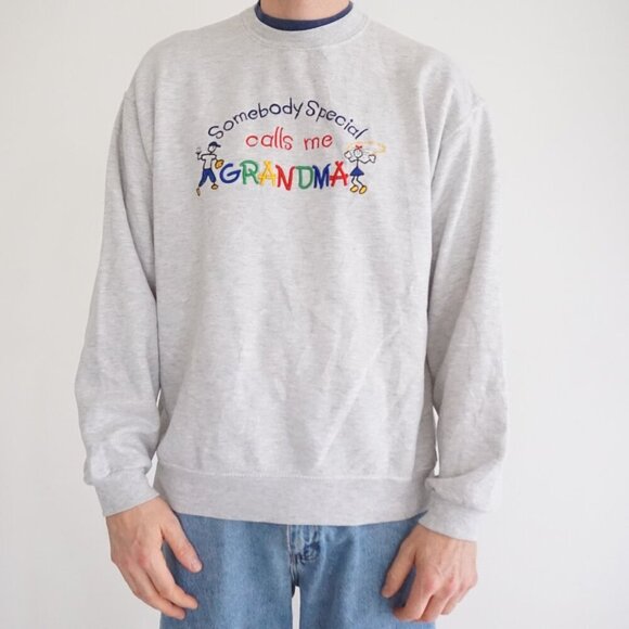 Vintage '90s Jerzees Grandmacore Embroidered Kids Gray Cotton Crewneck Sweater L - Picture 1 of 10